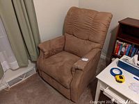Full view of the La-Z-Boy recliner chair in light brown microfiber.