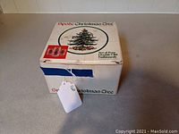 Original box of Spode Christmas Tree set of 4 Double Old Fashioned glasses with visible logo and design on box top
