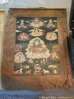Full front view of thangka scroll with fabric border