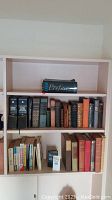 Wide shot of bookshelf with three shelves filled with various hardcover books including large leather-bound and cloth-covered volumes, showing diversity in titles and conditions.