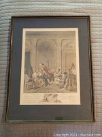 Full view of the framed art print depicting an 18th-century interior scene with people and furniture.