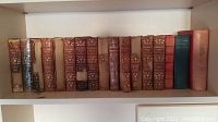 Photo of 12 hardcover volumes on a white bookshelf. Spines show various colors of bindings with gold embossing and some wear.