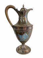Front view of Sheffield plate jug with wooden handle