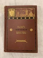Front cover of antique King's Handbook of Boston with gold lettering and brown cloth binding.