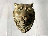 Close-up front view of bronze lion head with ring loop in mouth showing textured fur and facial detail.