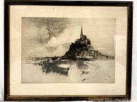 Framed etching showing entire print and frame