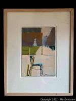 Front view of framed painting under glass