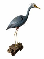 Front view of entire Great Blue Heron sculpture against white background