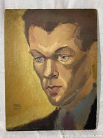 Front view of oil painting on board showing male portrait in warm tones