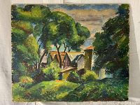Front view of the landscape oil painting showing trees, houses, and signature at bottom left corner