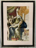Front view of framed watercolor painting showing Madonna and Child with mat and frame
