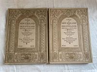 Front covers of the two antique books showing detailed decorative borders, title text, and Mayflower 1620 emblem.
