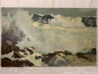Full frontal view of oil painting on canvas showing seascape with waves and rocks