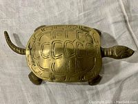 Top view of the brass turtle box showing the detailed engraved shell and sculpted head, legs, and tail.