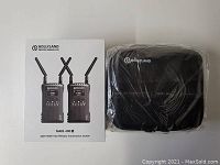 Sealed retail box and wrapped black Hollyland carrying case side by side