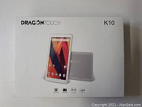 Box of Dragon Touch K10 tablet showing front with product image and branding.