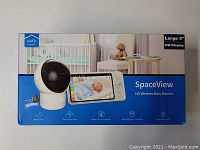 Box showing Eufy SpaceView HD Wireless Baby Monitor packaging with image of camera and 5-inch display monitor on front.