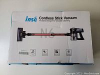 White retail box for Inse Cordless Stick Vacuum showing product photo and features