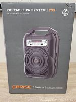 Box of Earise Portable PA System model T35 showing capacity 3600mAh and playtime up to 15 hours.