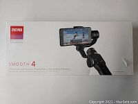 Box of Zhiyun Smooth 4 smartphone gimbal showing front design and branding.