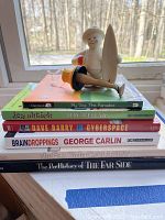 Stack of humor books including titles by George Carlin, Dave Barry, and The Far Side, with decorative porcelain surfer snowman and leg lamp ornaments on top.