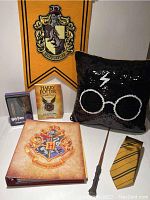 Hufflepuff banner, sequined pillow, wand in box, tie, notebooks, and book