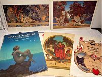 Photo showing original book cover, title page, and two large Maxfield Parrish art prints with children and vases, musical instrument.