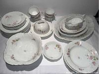 Full set of vintage Austrian china showing dinner plates, salad plates, tea cups, serving platters, bowls, gravy bowl, and butter container.