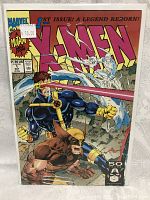 Front cover photo of X-Men Issue No. 1 comic book showing three characters and colorful comic title.