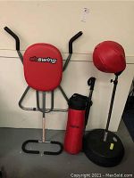 Full lot view of Ab Swing exercise machine alongside two types of punching bags and pull-up bar