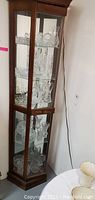 Full view of tall, narrow wooden and glass curio cabinet filled with glassware but contents not included in sale.