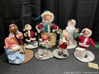 Full group of seven Annalee Christmas figures showing various characters and tags on some.