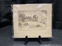 Original signed etching depicting Washington's House with detailed landscape, matted and displayed on stand.