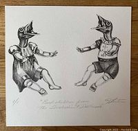 Close up of the lithograph artwork showing the two child-like bird-headed figures with signature and edition notation.