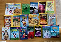 Photo of all 19 children's leveled readers arranged on a wooden floor, showing front covers and titles.