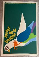 Full view of silkscreen print showing colorful bird, text and green background.