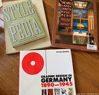 Photo of the three design books: Stylepedia, The Arts and Crafts Movement, and Graphic Design in Germany 1890-1945