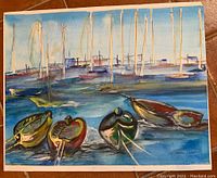 Full view of the painting showing a harbor scene with several sailboats and small boats in water, in blue, brown and green hues, signed by the artist on the bottom right.