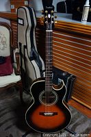 Full front view of guitar standing on floor with soft gig bag behind