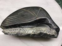 Side view of dark stone indigenous sculpture with carved details and smooth surface.