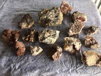 Overview of all 13 mineral and rock specimens arranged on a grey cloth background, showing various shapes and crystal formations.