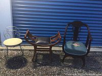 Photo showing all three seating items outdoors in front of blue metal door.