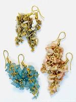 Three pairs of handmade gemstone cluster earrings, bright blue, pink and neutral tones, brass wire hooks