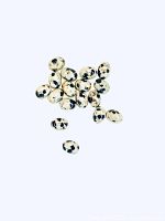 Seventeen oval cabochon jasper gems with dalmatian spot pattern displayed together on white background.