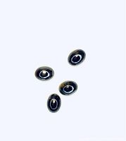 Four dark oval amphibolite gemstones with golden flash on smooth polished surfaces, arranged separately on white background.