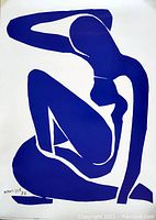 Full view of lithograph art print showing a blue nude figure in a crouched pose, signed lower left.