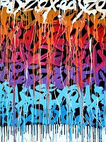Close-up of front showing layered calligraphic graffiti text drips in white, orange, red, purple and blue.