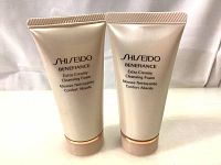 Front view of 2 beige tubes of Shiseido Benefiance Extra Creamy Cleansing Foam, gold trim, 50ml each