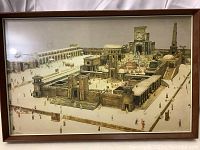 Full view of framed print depicting an ancient temple complex with multiple sections, architectural pillars, enclosure walls, and miniature figures walking in the compound.