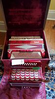 Salanti accordion in open tweed case showing overall instrument and interior lining